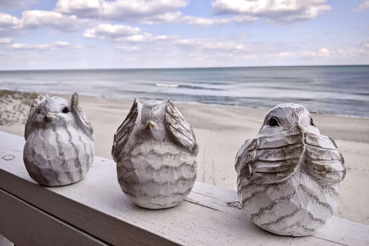 A peaceful balcony scene featuring decorative bird figurines perched on the railing, overlooking a sweeping ocean view under an expansive sky. The space feels tranquil and intimate—perfect for sipping coffee at sunrise or relaxing with a cocktail at sunset, as gentle waves provide a soothing soundtrack in the background.
